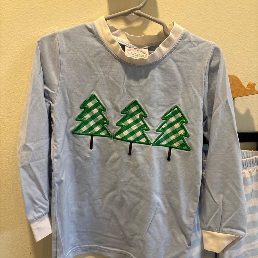 Light Blue Kids Pajama Set with Green Tree Appliqués - Picture 2 of 3